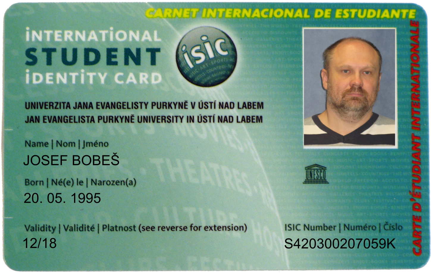 Student card with ISIC license - university student card + international student card